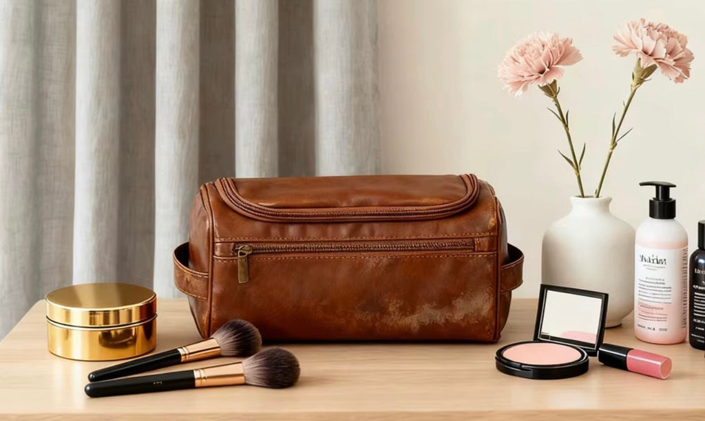 Trousse de Toilette & Maquillage Vintage en Cuir PU – Grand Format Imperméable, Suspendue avec Crochet, Unisexe