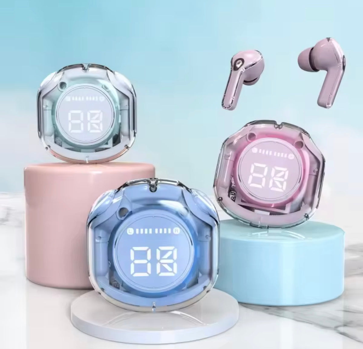 E45 Wireless Earbuds: Translucent Design, Immersive Sound & Smart LED Display