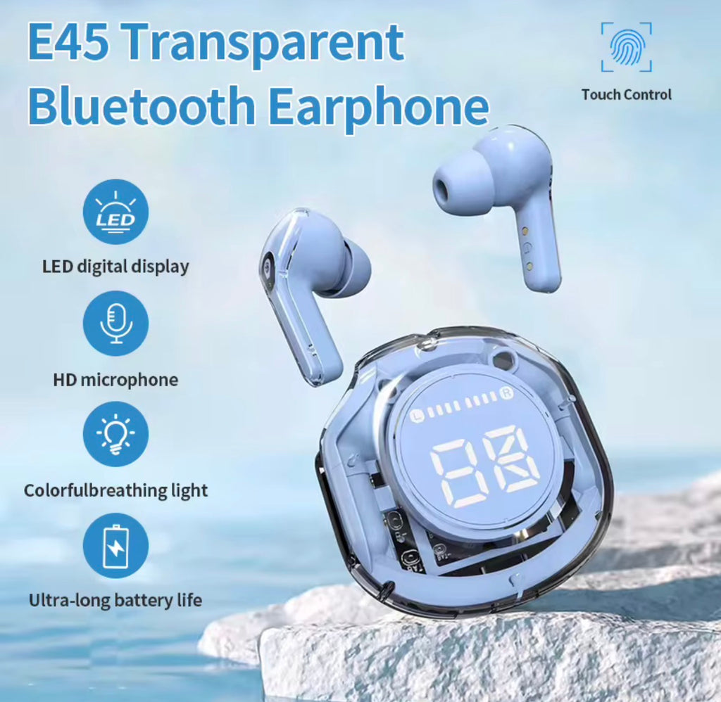 E45 Wireless Earbuds: Translucent Design, Immersive Sound & Smart LED Display