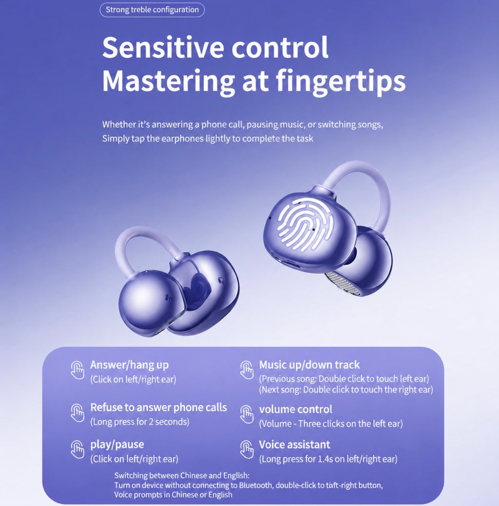 Auriculares Bluetooth 6.0 Open Ear Clip – Sonido envolvente Hi-Fi, 38 horas de autonomía, diseño ergonómico e inteligente con asistente de IA