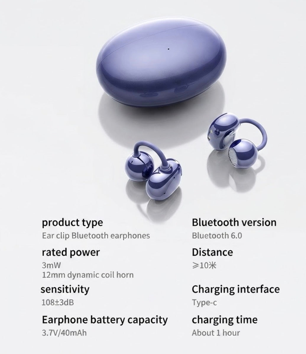 Auriculares Bluetooth 6.0 Open Ear Clip – Sonido envolvente Hi-Fi, 38 horas de autonomía, diseño ergonómico e inteligente con asistente de IA
