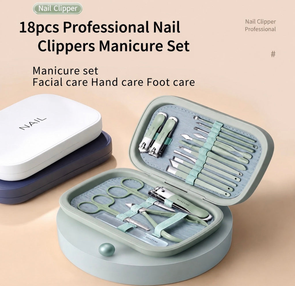 Kit de Manucure et Pédicure Professionnel 18 en 1 — Trousse de Soin Complète en Acier Inoxydable avec Étui Rigide