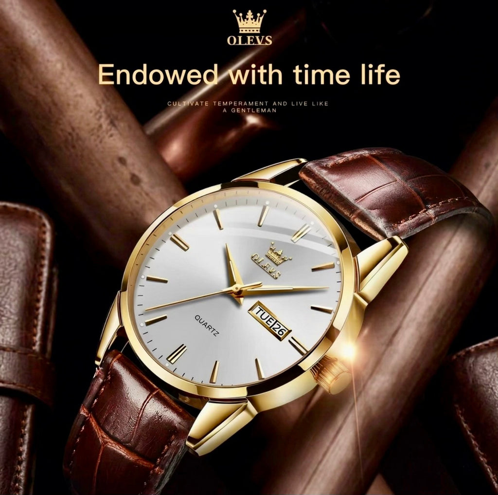 Reloj de cuarzo Olevs Premium para hombre – Esfera analógica con fecha y día, resistente al agua 3 ATM | Correa de cuero genuino y diseño de negocios clásico