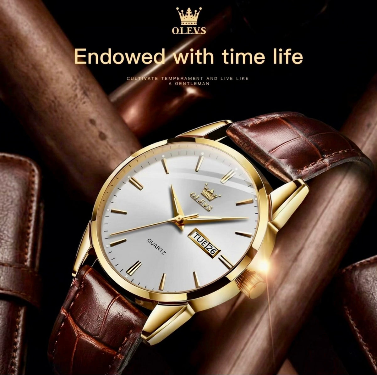 Reloj de cuarzo Olevs Premium para hombre – Esfera analógica con fecha y día, resistente al agua 3 ATM | Correa de cuero genuino y diseño de negocios clásico