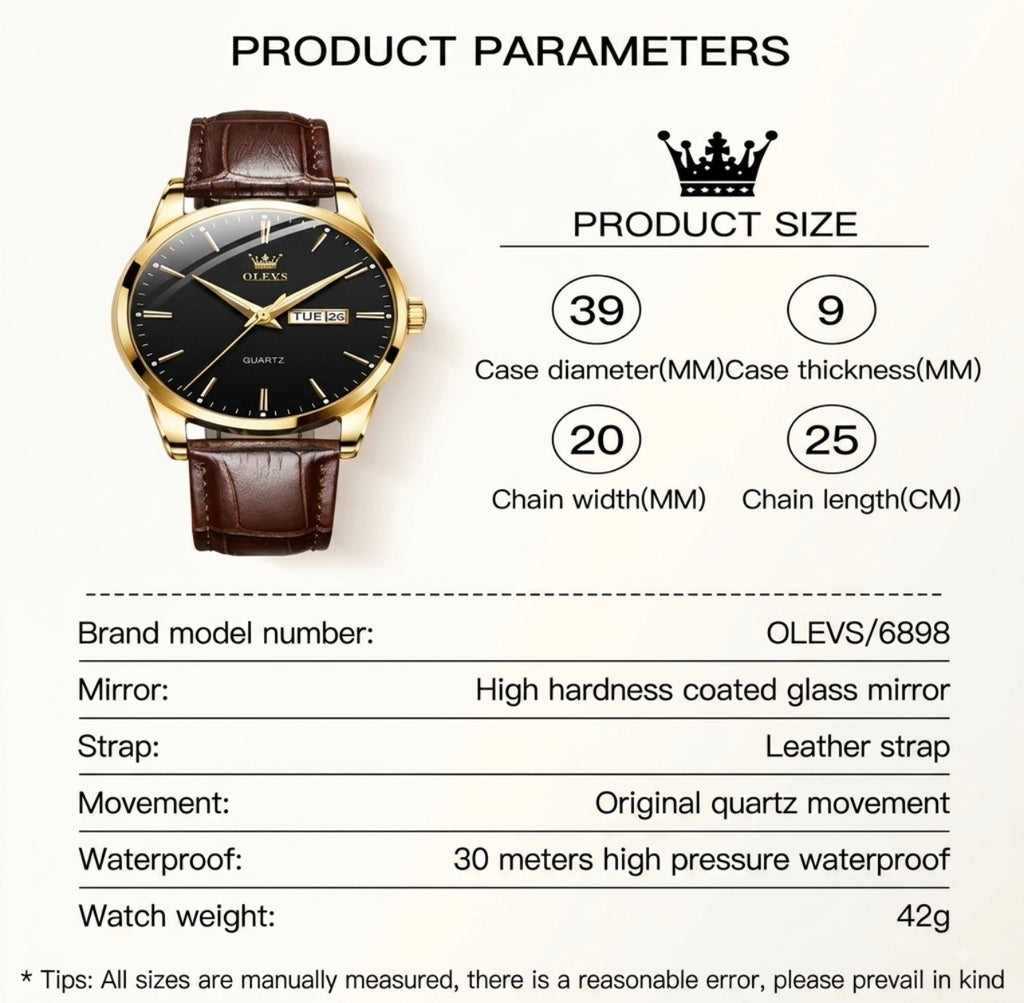 Reloj de cuarzo Olevs Premium para hombre – Esfera analógica con fecha y día, resistente al agua 3 ATM | Correa de cuero genuino y diseño de negocios clásico