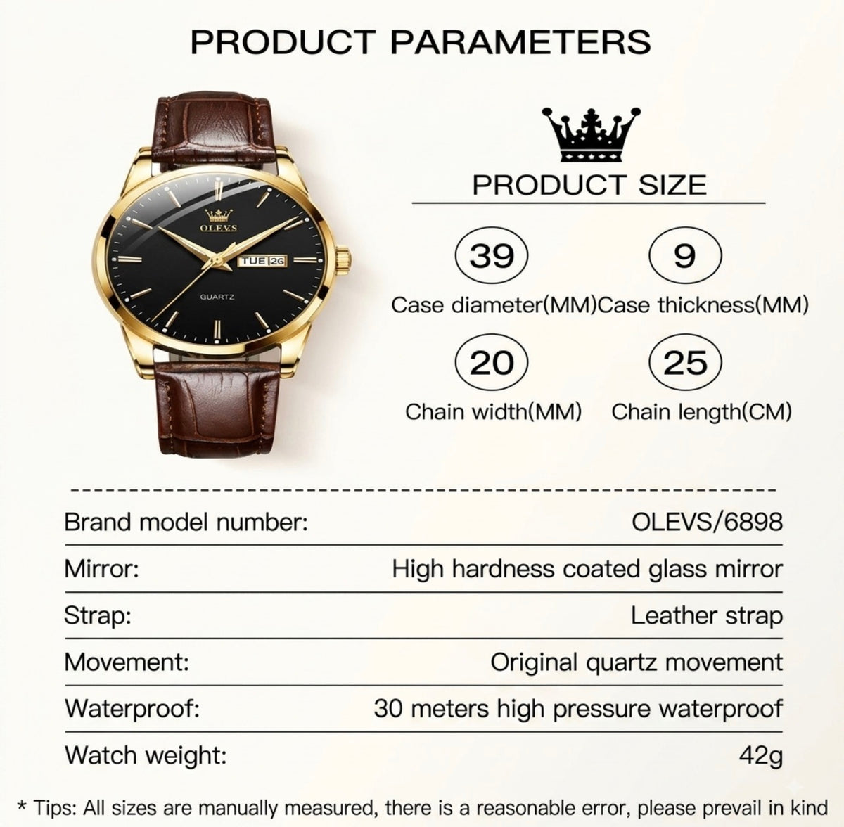 Reloj de cuarzo Olevs Premium para hombre – Esfera analógica con fecha y día, resistente al agua 3 ATM | Correa de cuero genuino y diseño de negocios clásico