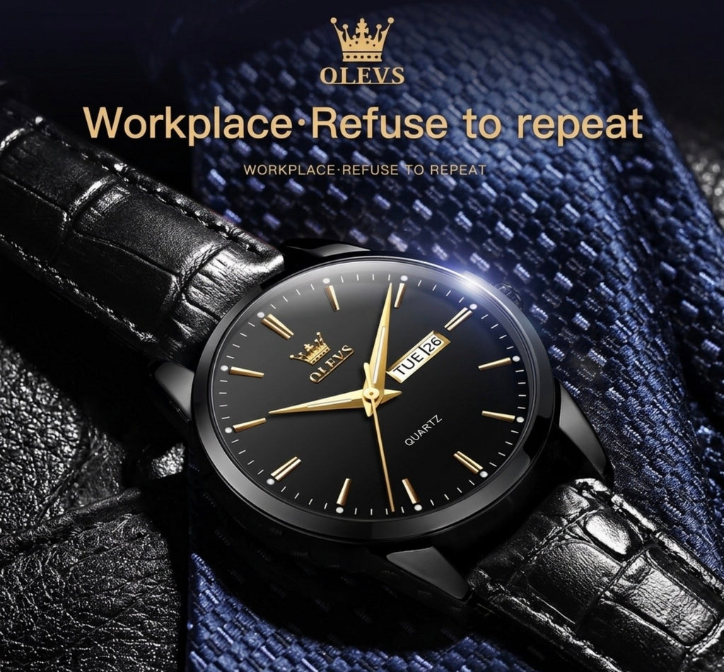 Reloj de cuarzo Olevs Premium para hombre – Esfera analógica con fecha y día, resistente al agua 3 ATM | Correa de cuero genuino y diseño de negocios clásico