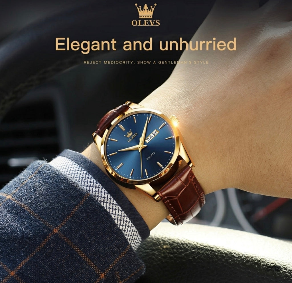Reloj de cuarzo Olevs Premium para hombre – Esfera analógica con fecha y día, resistente al agua 3 ATM | Correa de cuero genuino y diseño de negocios clásico