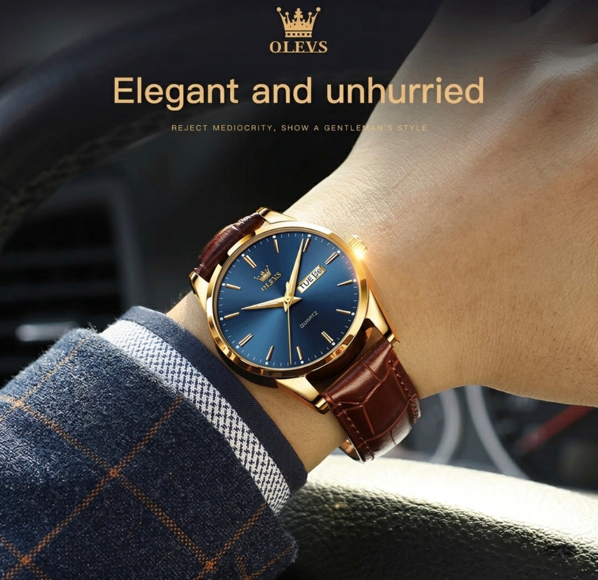 Reloj de cuarzo Olevs Premium para hombre – Esfera analógica con fecha y día, resistente al agua 3 ATM | Correa de cuero genuino y diseño de negocios clásico