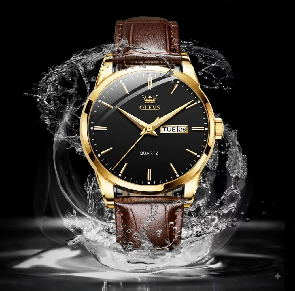 Reloj de cuarzo Olevs Premium para hombre – Esfera analógica con fecha y día, resistente al agua 3 ATM | Correa de cuero genuino y diseño de negocios clásico