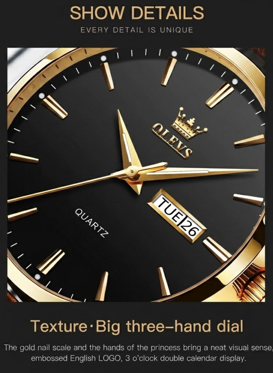 Reloj de cuarzo Olevs Premium para hombre – Esfera analógica con fecha y día, resistente al agua 3 ATM | Correa de cuero genuino y diseño de negocios clásico