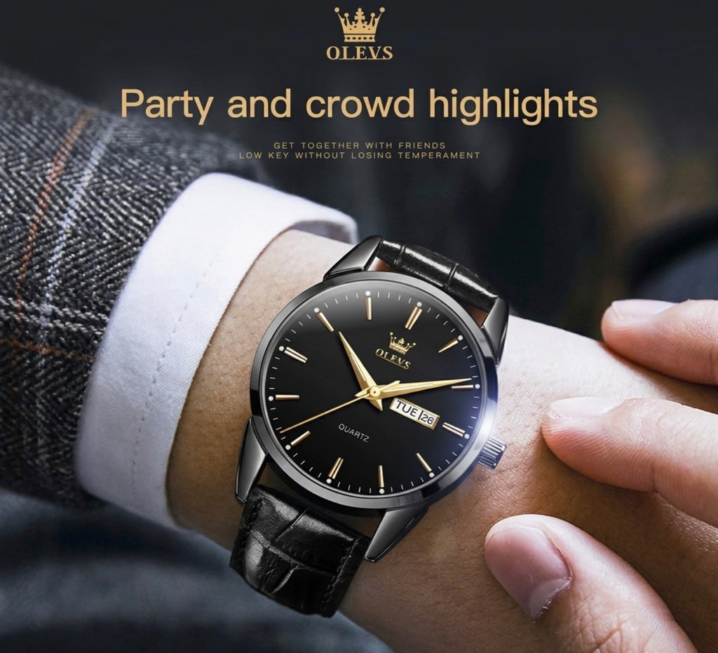 Reloj de cuarzo Olevs Premium para hombre – Esfera analógica con fecha y día, resistente al agua 3 ATM | Correa de cuero genuino y diseño de negocios clásico