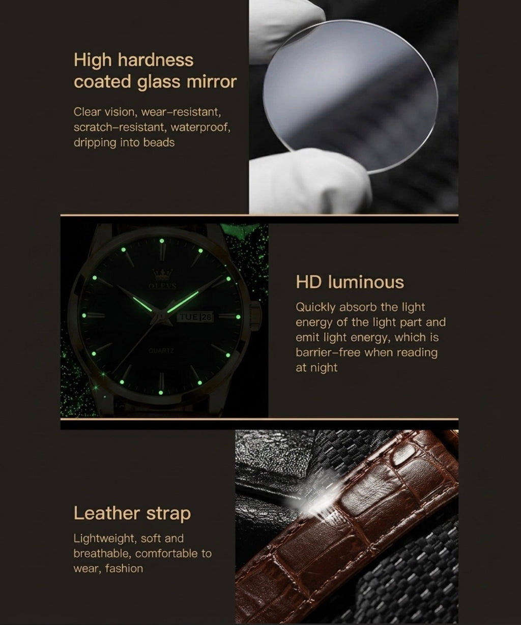Reloj de cuarzo Olevs Premium para hombre – Esfera analógica con fecha y día, resistente al agua 3 ATM | Correa de cuero genuino y diseño de negocios clásico
