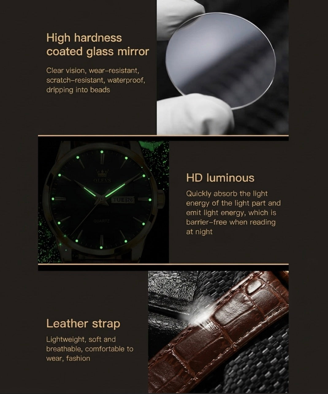 Reloj de cuarzo Olevs Premium para hombre – Esfera analógica con fecha y día, resistente al agua 3 ATM | Correa de cuero genuino y diseño de negocios clásico