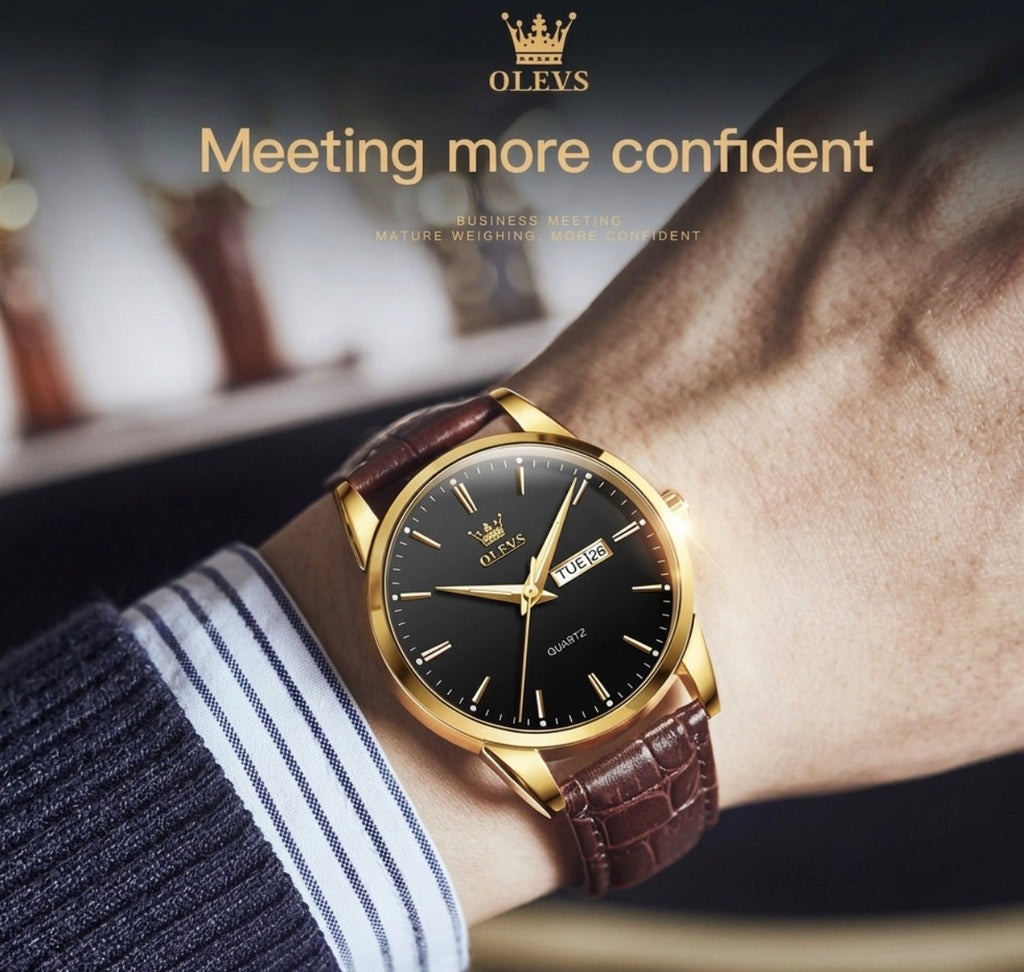 Reloj de cuarzo Olevs Premium para hombre – Esfera analógica con fecha y día, resistente al agua 3 ATM | Correa de cuero genuino y diseño de negocios clásico