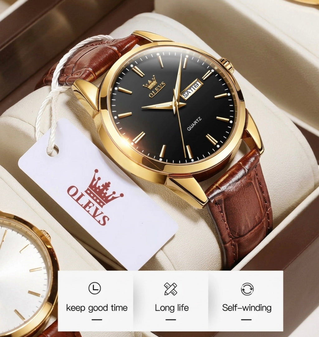Reloj de cuarzo Olevs Premium para hombre – Esfera analógica con fecha y día, resistente al agua 3 ATM | Correa de cuero genuino y diseño de negocios clásico