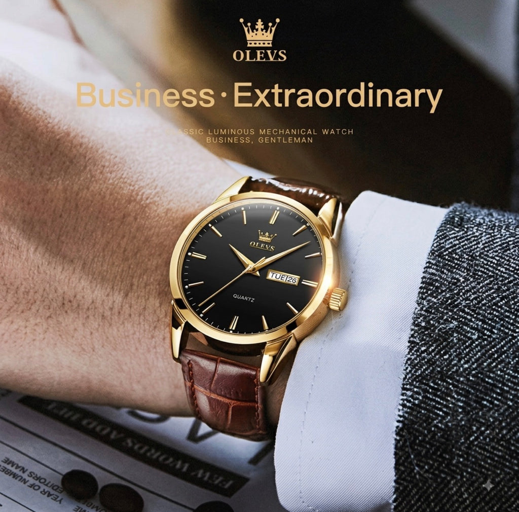 Reloj de cuarzo Olevs Premium para hombre – Esfera analógica con fecha y día, resistente al agua 3 ATM | Correa de cuero genuino y diseño de negocios clásico