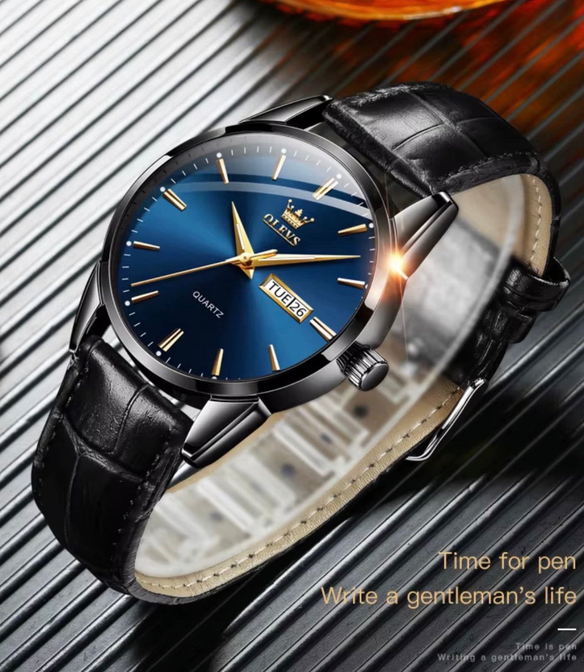 Reloj de cuarzo Olevs Premium para hombre – Esfera analógica con fecha y día, resistente al agua 3 ATM | Correa de cuero genuino y diseño de negocios clásico