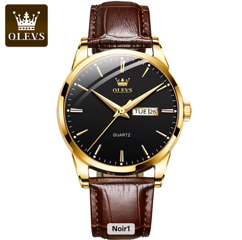 Reloj de cuarzo Olevs Premium para hombre – Esfera analógica con fecha y día, resistente al agua 3 ATM | Correa de cuero genuino y diseño de negocios clásico