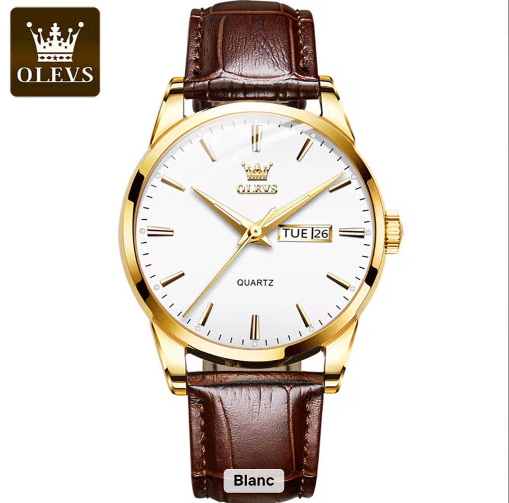 Reloj de cuarzo Olevs Premium para hombre – Esfera analógica con fecha y día, resistente al agua 3 ATM | Correa de cuero genuino y diseño de negocios clásico