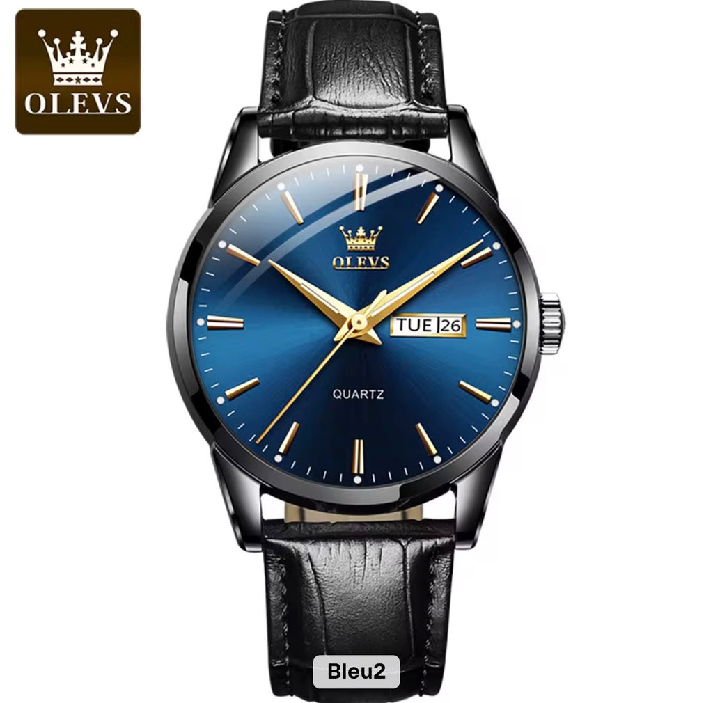 Reloj de cuarzo Olevs Premium para hombre – Esfera analógica con fecha y día, resistente al agua 3 ATM | Correa de cuero genuino y diseño de negocios clásico