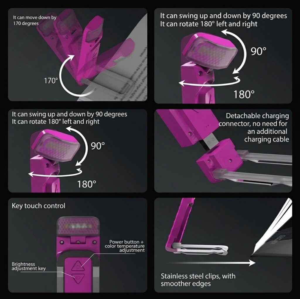 Mini Lampe de Lecture LED Nomade – Rechargeable USB, Anti-Reflet & Protection Oculaire | Marque-Page à Clip Pliable pour Livre et Liseuse